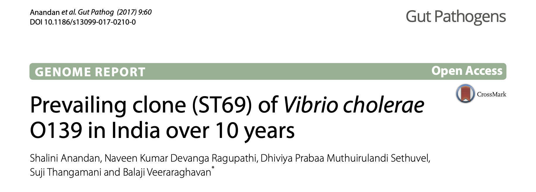 Prevailing clone ST69 of Vibrio cholerae O139 in India over 10 years