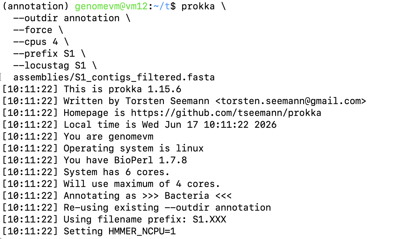 Prokka command running on S1_contigs_filtered.fasta